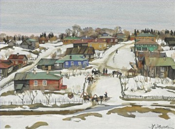 Landscapes Painting - EARLY SPRING IN THE VILLAGE Konstantin Yuon cityscape city scenes